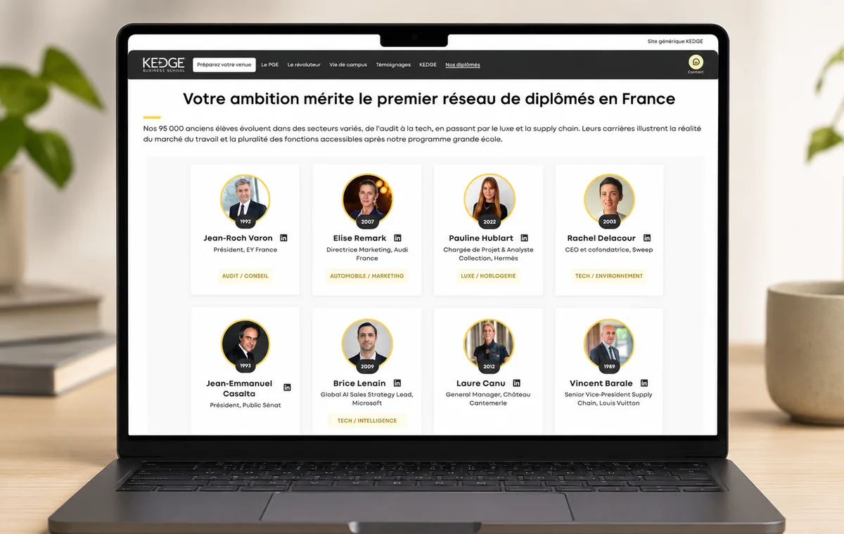 Wall of alumni présentant des diplômés du Programme Grande École de KEDGE.